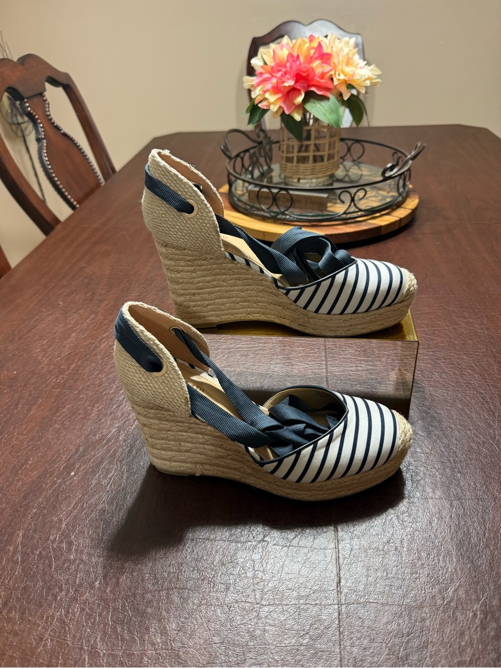 New On 34th Navy Striped Espadrille Wedge Sandals with Ankle Tie